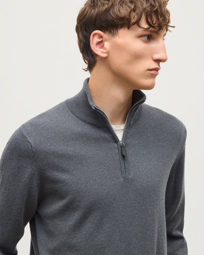 A man wearing a dark gray quarter-zip pullover sweater over a white undershirt, shown in a close-up profile shot against a light gray background. JOHNSTONS OF ELGIN REUBEN HALF ZIP SWEATER CASHMERE ZIP NECK SWEATER - 2 PLY GREY 100% CASHMERE KAP05961SA7216
