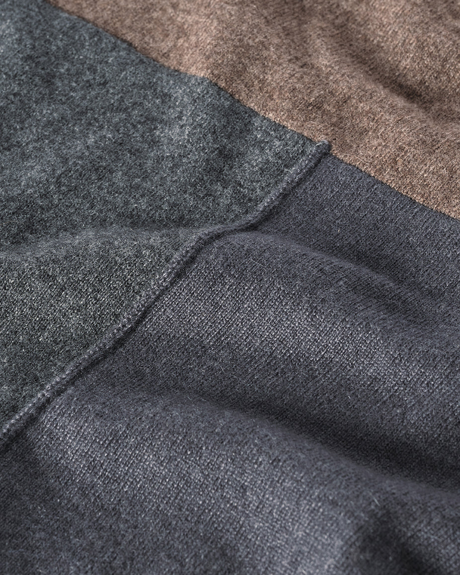 JOHNSTONS OF ELGIN JESSIE CREW SWEATER CASHMERE ROUND NECK SWEATER WITH EXPOSED SEAM DETAIL & CENTRE BACK SPLIT - 2 PLY BROWN 100% CASHMERE WORN WITH REEL CASHMERE BANDANA IN ALGIE GREEN KAP05973Q26344