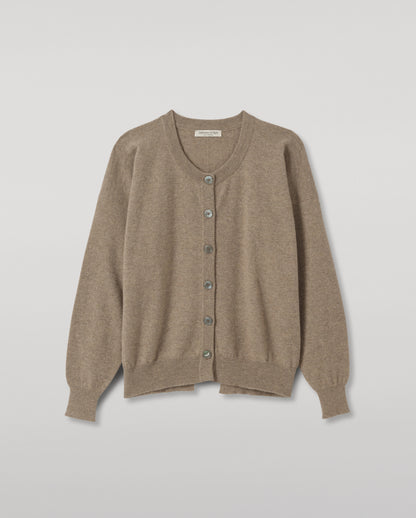 JOHNSTONS OF ELGIN JESSIE CREW CARDIGAN CASHMERE ROUND NECK CARDIGAN WITH EXPOSED SEAM DETAIL & CENTRE BACK SPLIT - 2 PLY LIGHT BROWN 100% CASHMERE KAP05988HB4447