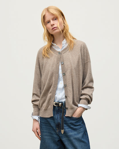 JOHNSTONS OF ELGIN JESSIE CREW CARDIGAN CASHMERE ROUND NECK CARDIGAN WITH EXPOSED SEAM DETAIL & CENTRE BACK SPLIT - 2 PLY LIGHT BROWN 100% CASHMERE KAP05988HB4447
