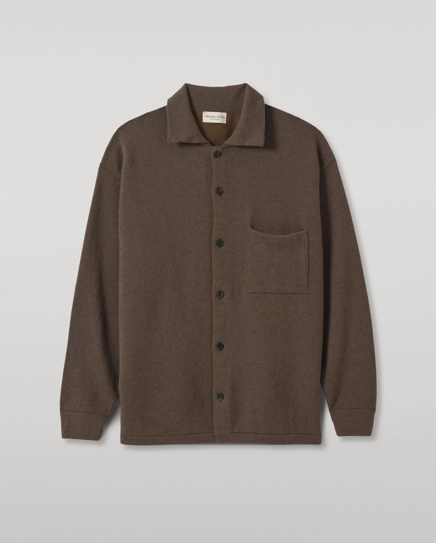 JOHNSTONS OF ELGIN TWEEL SHIRT CASHMERE KNITTED BUTTON THROUGH TWILL STITCH SHIRT - 2 PLY GREY & GREEN 100% CASHMERE KAP06007Q26314
