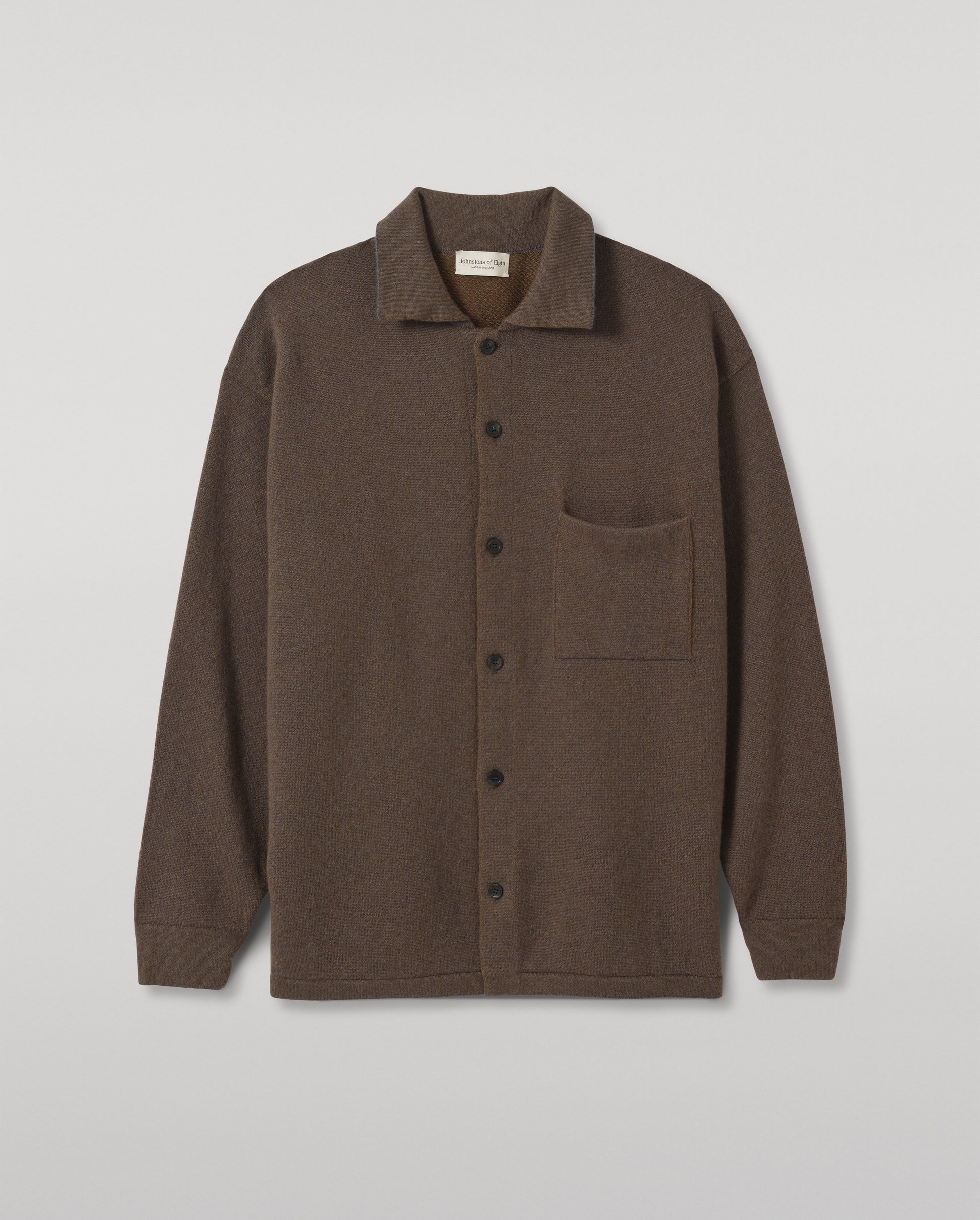 JOHNSTONS OF ELGIN TWEEL SHIRT CASHMERE KNITTED BUTTON THROUGH TWILL STITCH SHIRT - 2 PLY GREY & GREEN 100% CASHMERE KAP06007Q26314