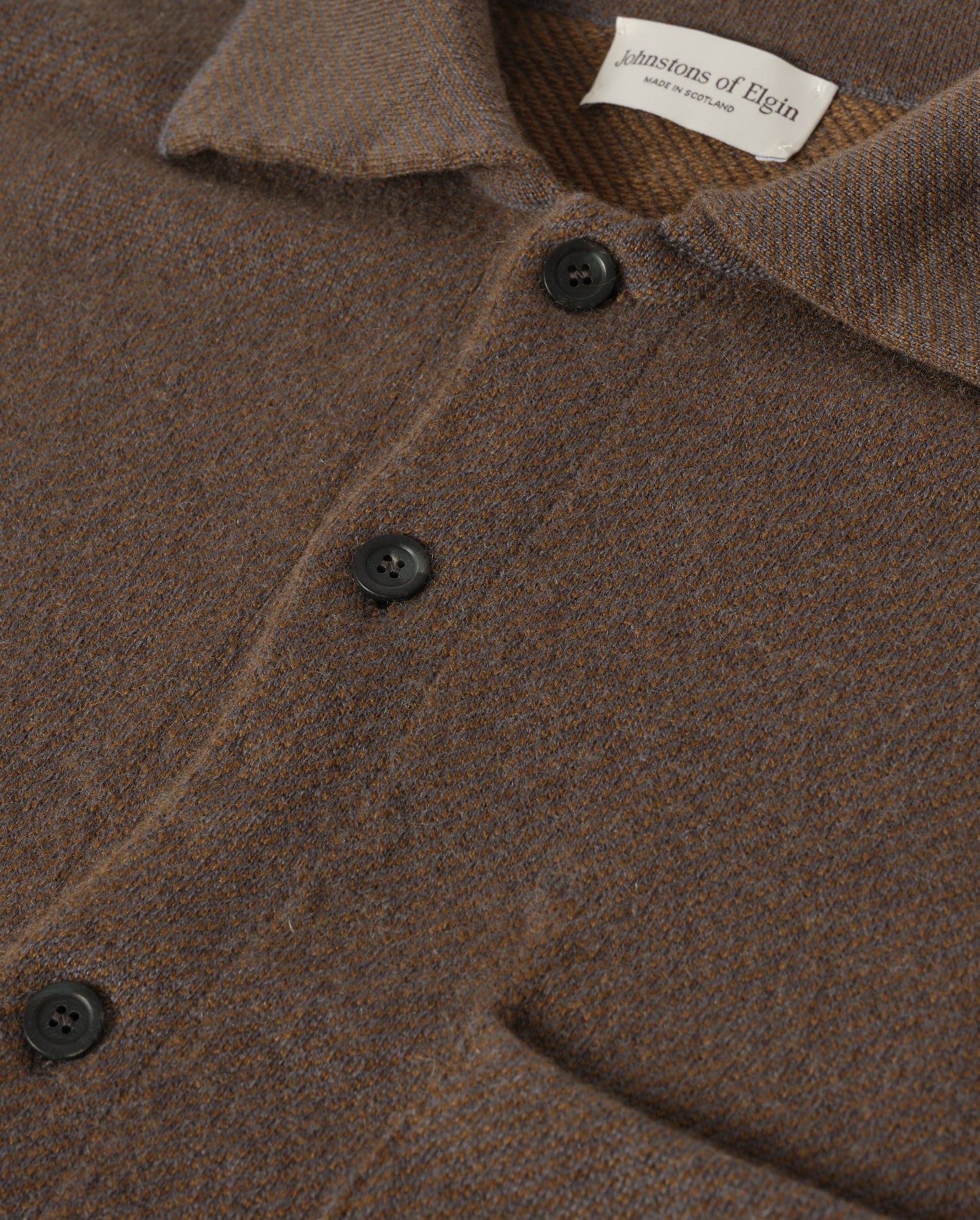JOHNSTONS OF ELGIN TWEEL SHIRT CASHMERE KNITTED BUTTON THROUGH TWILL STITCH SHIRT - 2 PLY GREY & GREEN 100% CASHMERE KAP06007Q26314