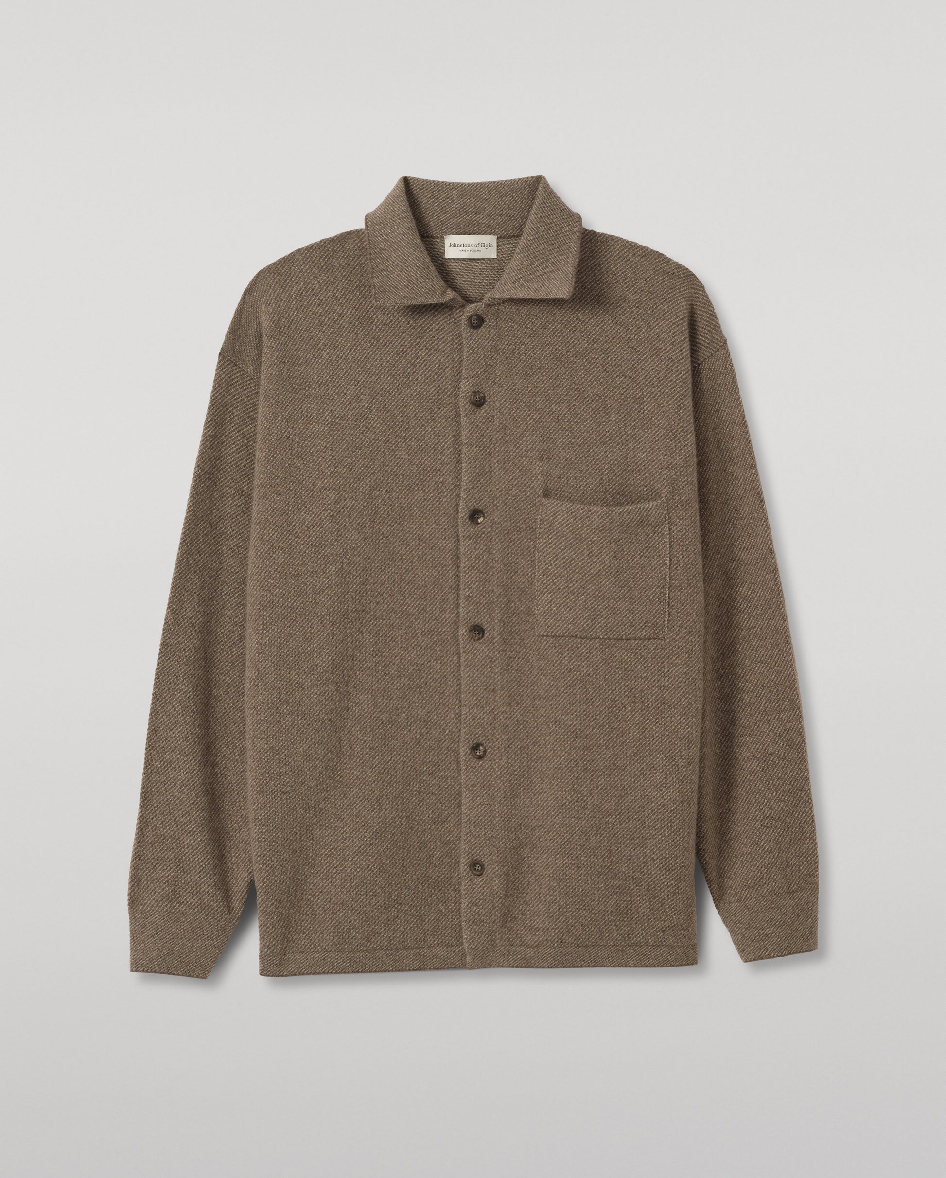 JOHNSTONS OF ELGIN TWEEL SHIRT CASHMERE KNITTED BUTTON THROUGH TWILL STITCH SHIRT - 2 PLY BROWN 100% CASHMERE KAP06007Q26315