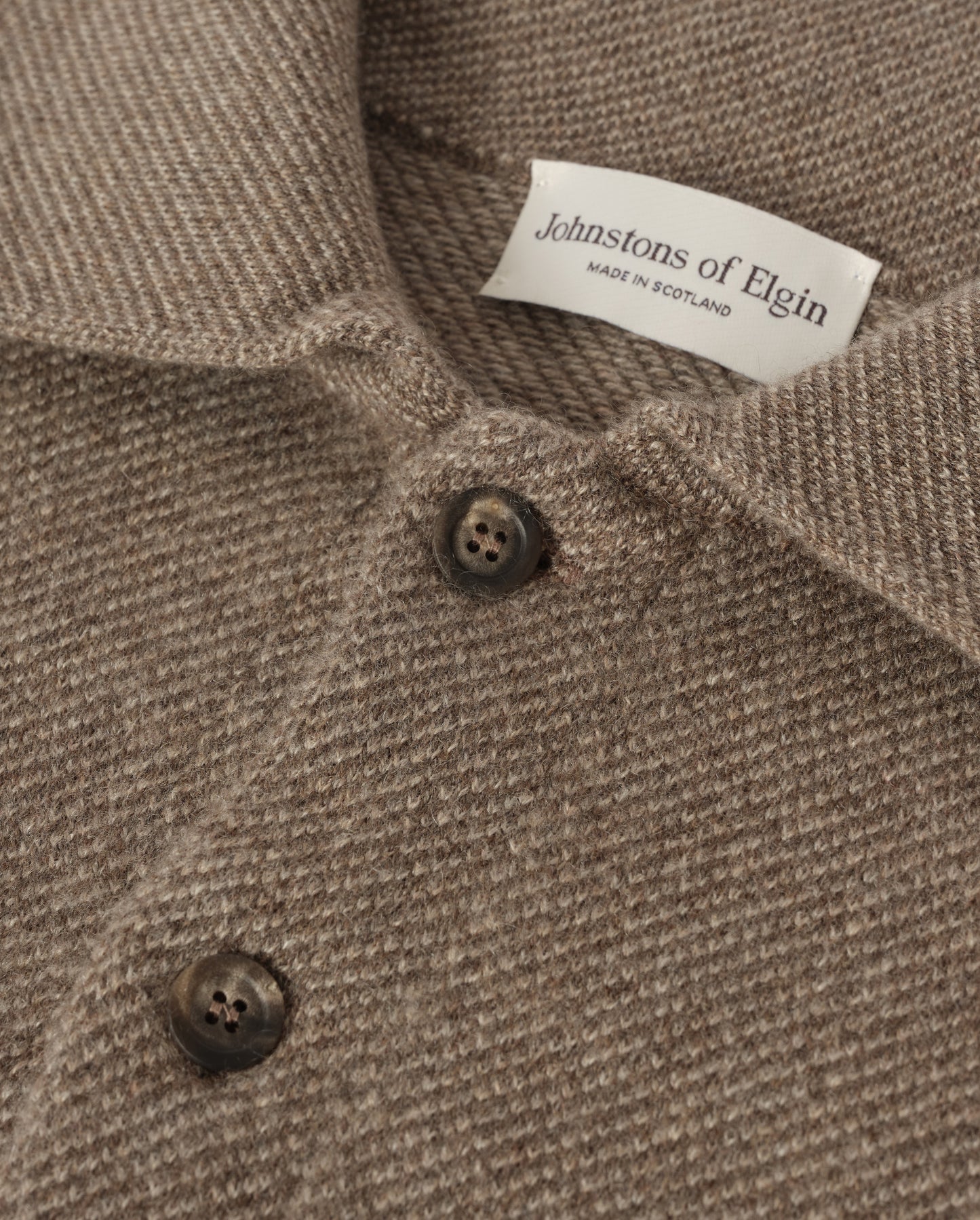 JOHNSTONS OF ELGIN TWEEL SHIRT CASHMERE KNITTED BUTTON THROUGH TWILL STITCH SHIRT - 2 PLY BROWN 100% CASHMERE KAP06007Q26315