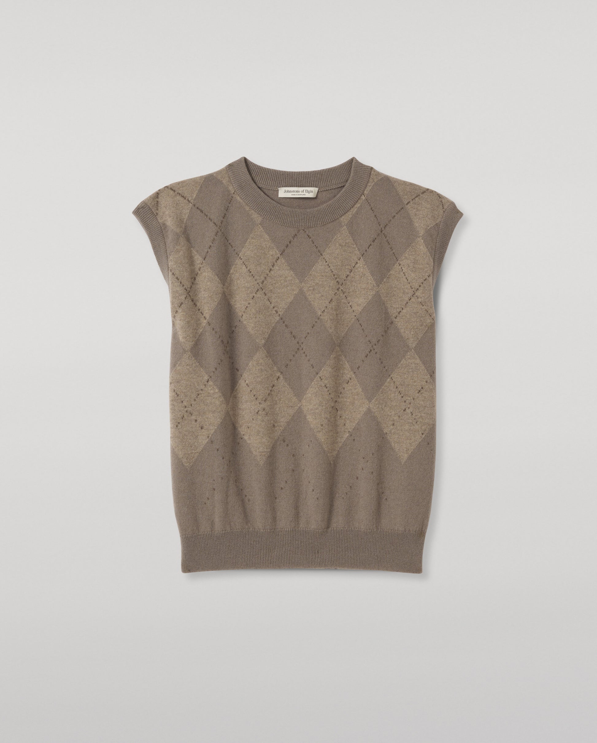 JOHNSTONS OF ELGIN CLAN SLEEVELESS CREW CASHMERE ARGYLE INTARSIA ROUND NECK TANK - 2 PLY GREY 100% CASHMERE KAP06027JU1654