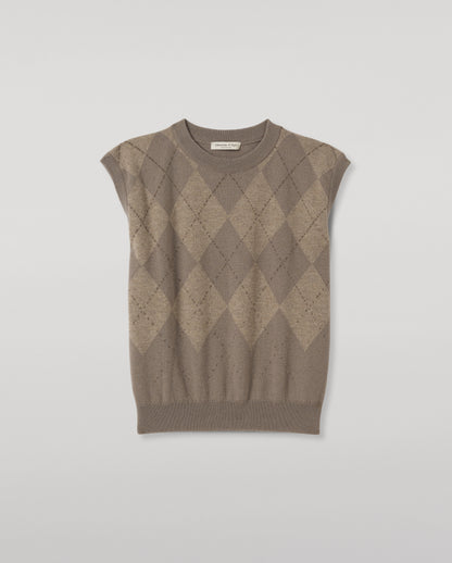 JOHNSTONS OF ELGIN CLAN SLEEVELESS CREW CASHMERE ARGYLE INTARSIA ROUND NECK TANK - 2 PLY GREY 100% CASHMERE KAP06027JU1654