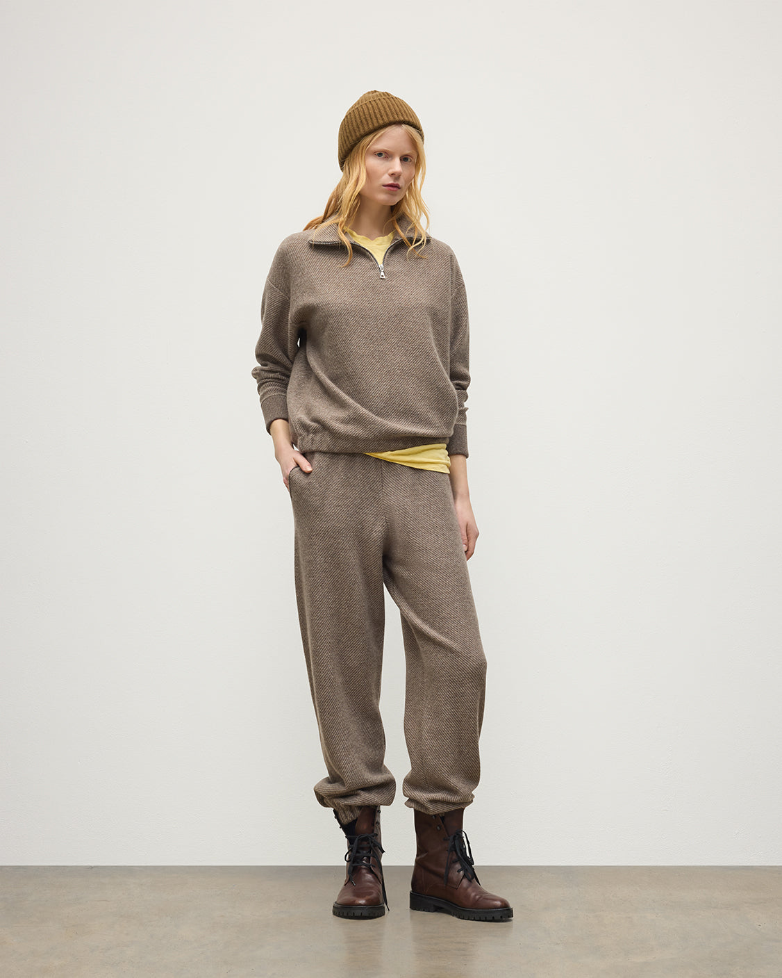 JOHNSTONS OF ELGIN REEL ZIP SWEATER CASHMERE TWILL STITCH ZIP NECK SWEATER - 2 PLY BROWN 100% CASHMERE WORN WITH MATCHING REEL TROUSERS AND LOVAT CASHMERE BEANIE IN LGIE GREEN  KAP06030Q26338
