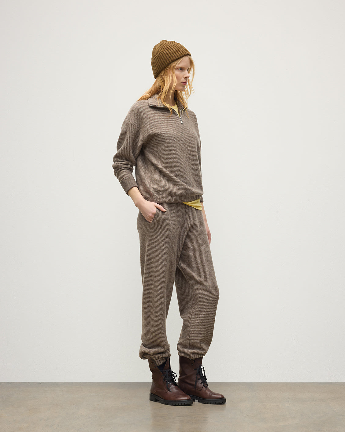 JOHNSTONS OF ELGIN REEL ZIP SWEATER CASHMERE TWILL STITCH ZIP NECK SWEATER - 2 PLY BROWN 100% CASHMERE WORN WITH MATCHING REEL TROUSERS AND LOVAT CASHMERE BEANIE IN LGIE GREEN  KAP06030Q26338