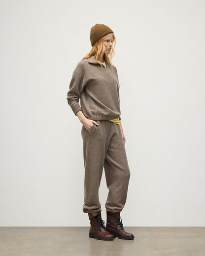 JOHNSTONS OF ELGIN REEL ZIP SWEATER CASHMERE TWILL STITCH ZIP NECK SWEATER - 2 PLY BROWN 100% CASHMERE WORN WITH MATCHING REEL TROUSERS AND LOVAT CASHMERE BEANIE IN LGIE GREEN  KAP06030Q26338