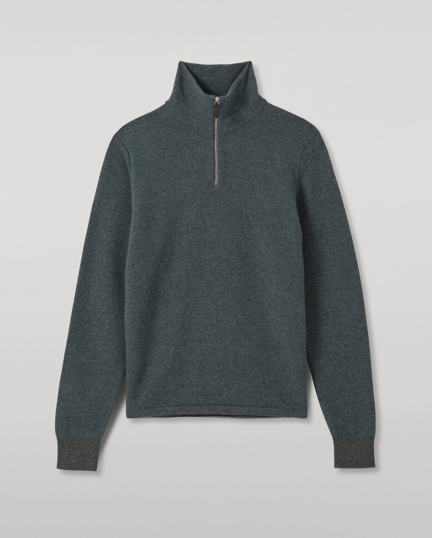 JOHNSTONS OF ELGIN TWEEL HALF ZIP SWEATER CASHMERE ZIP NECK TWILL STITCH SWEATER - 2 PLY GREY & GREEN 100% CASHMERE KAP06137Q26308