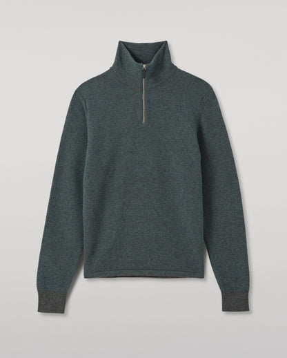 JOHNSTONS OF ELGIN TWEEL HALF ZIP SWEATER CASHMERE ZIP NECK TWILL STITCH SWEATER - 2 PLY GREY & GREEN 100% CASHMERE KAP06137Q26308