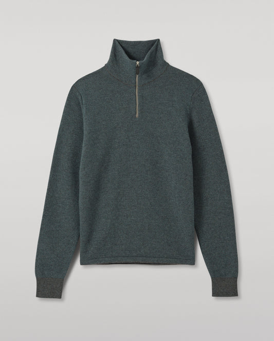 JOHNSTONS OF ELGIN TWEEL HALF ZIP SWEATER CASHMERE ZIP NECK TWILL STITCH SWEATER - 2 PLY GREY & GREEN 100% CASHMERE KAP06137Q26308