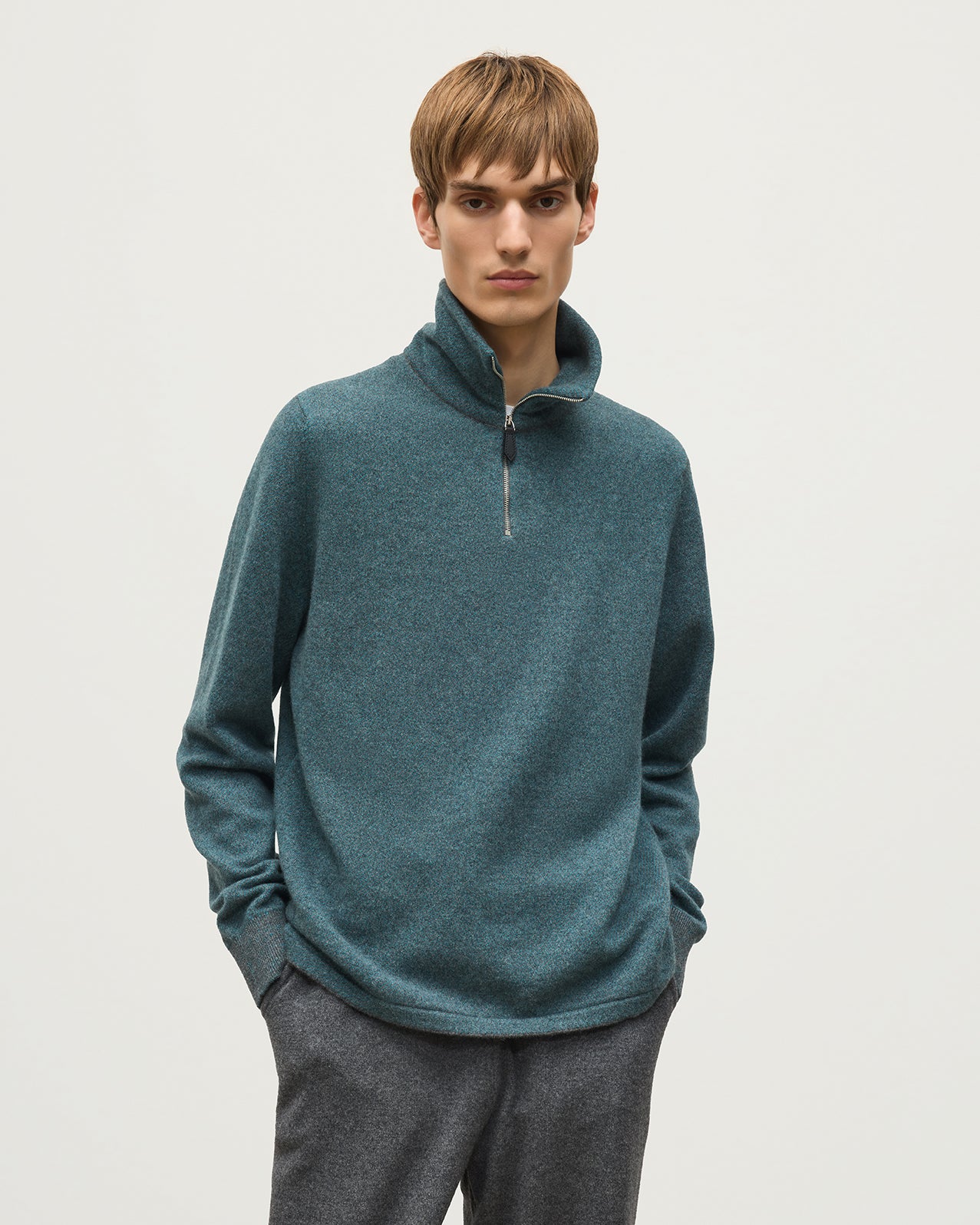 JOHNSTONS OF ELGIN TWEEL HALF ZIP SWEATER CASHMERE ZIP NECK TWILL STITCH SWEATER - 2 PLY GREY & GREEN 100% CASHMERE KAP06137Q26308