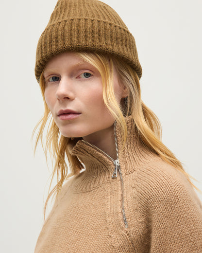 JOHNSTONS OF ELGIN MELLIS ZIP SHOULDER SWEATER MARBLED CASHMERE RAGLAN SHOULDER ZIP SWEATER CAMEL 78% CASHMERE, 22% COTTON KBB01094Q26352