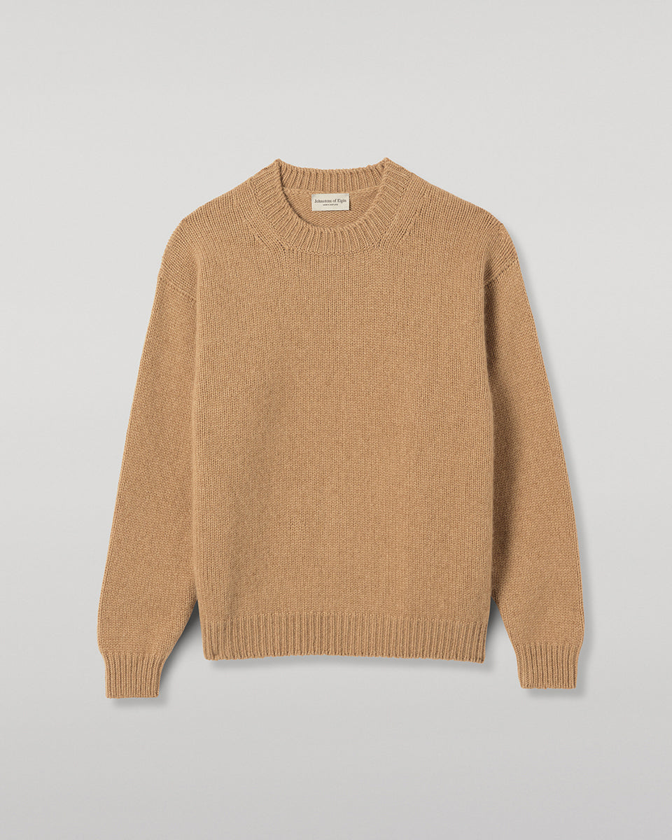 JOHNSTONS OF ELGIN MURCHISON CREW SWEATER MARBLED CASHMERE CREW NECK SWEATER CAMEL 78% CASHMERE, 22% COTTON KBB01095SB4708