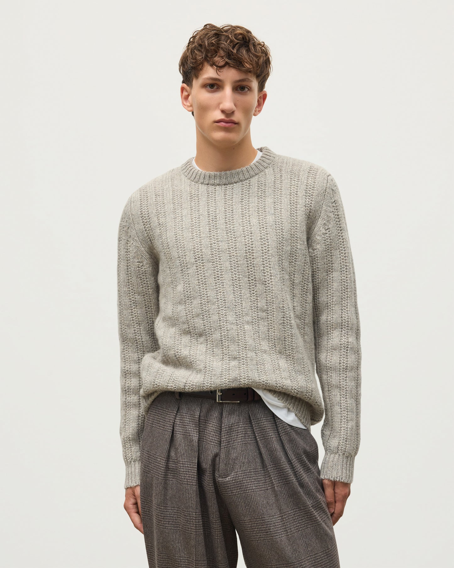 JOHNSTONS OF ELGIN DONACHIE CREW SWEATER MARBLED CASHMERE TEXTURED RIBBED CREW NECK SWEATER GREY 78% CASHMERE, 22% COTTON KBB01109HA4273