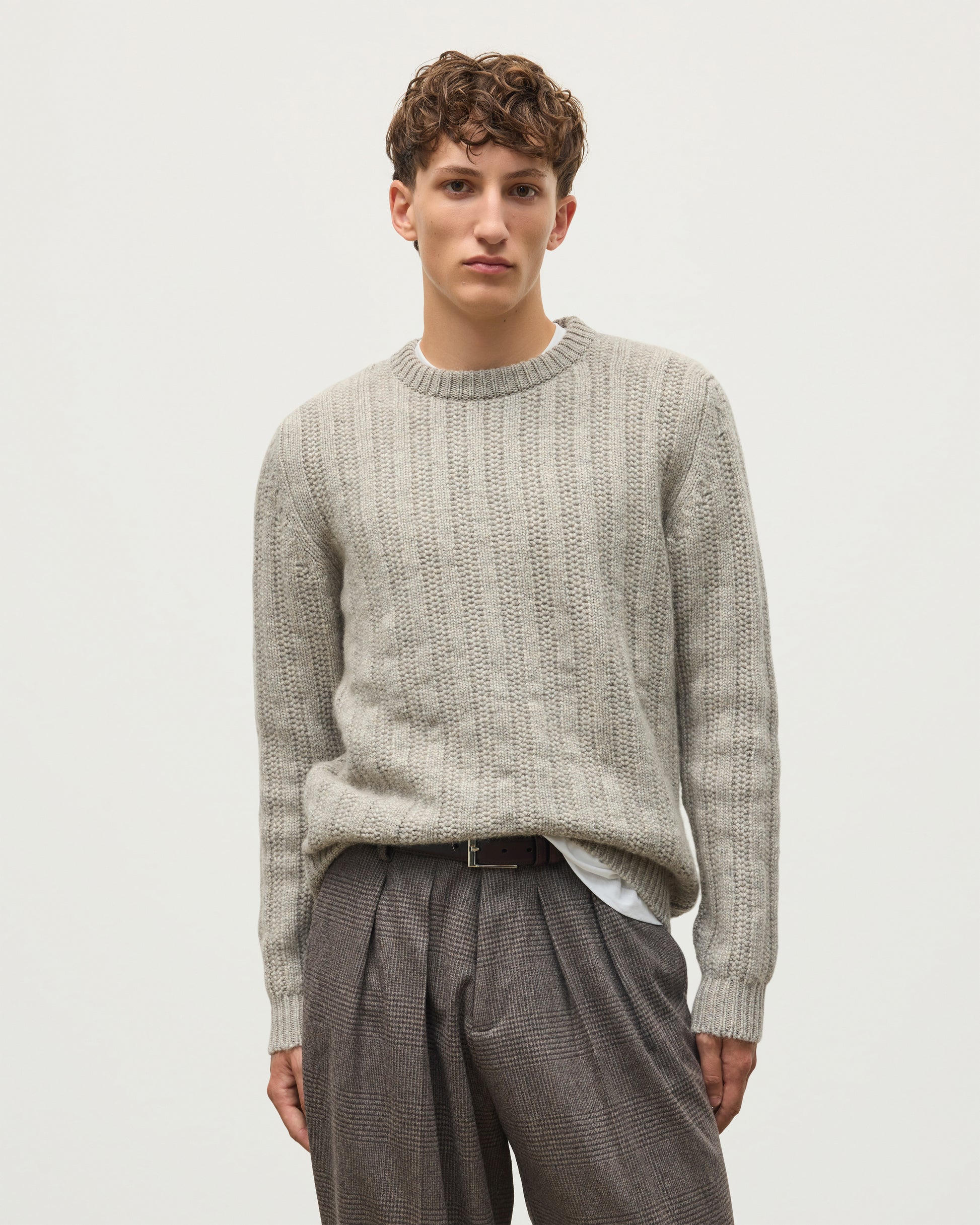 JOHNSTONS OF ELGIN DONACHIE CREW SWEATER MARBLED CASHMERE TEXTURED RIBBED CREW NECK SWEATER GREY 78% CASHMERE, 22% COTTON KBB01109HA4273