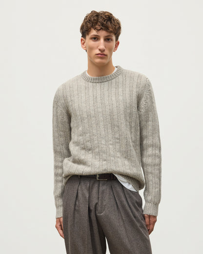 JOHNSTONS OF ELGIN DONACHIE CREW SWEATER MARBLED CASHMERE TEXTURED RIBBED CREW NECK SWEATER GREY 78% CASHMERE, 22% COTTON KBB01109HA4273