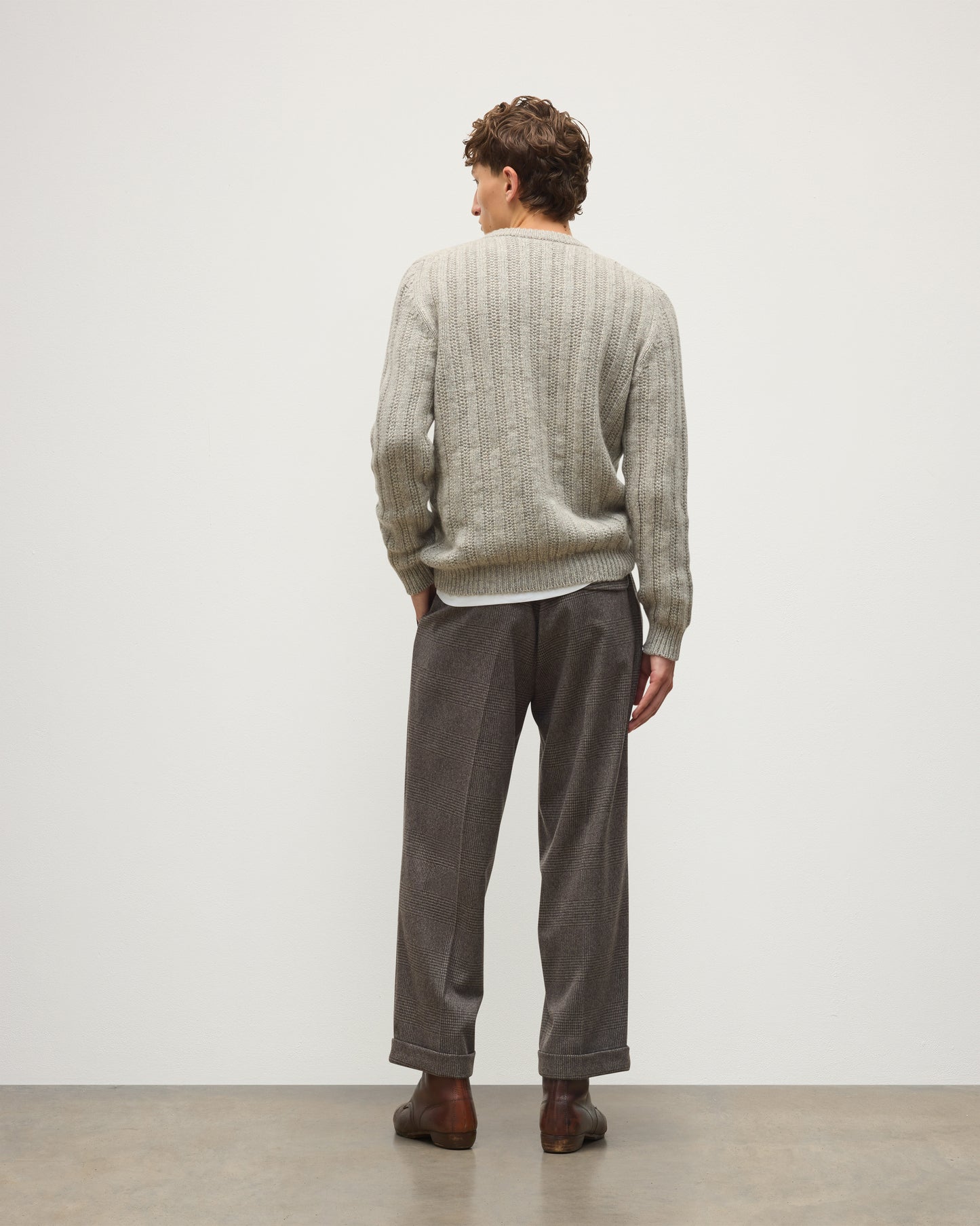 JOHNSTONS OF ELGIN DONACHIE CREW SWEATER MARBLED CASHMERE TEXTURED RIBBED CREW NECK SWEATER GREY 78% CASHMERE, 22% COTTON KBB01109HA4273