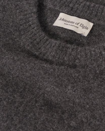 JOHNSTONS OF ELGIN PAXTON CREW SWEATER BRUSHED CASHMERE SILK CREW NECK SWEATER DARK GREY 74% CASHMERE, 26% SILK KBP01082HA7232