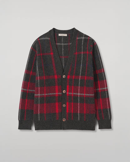 JOHNSTONS OF ELGIN MACK VEE CARDIGAN BRUSHED CASHMERE SILK INTARSIA CHECK VEE NECK CARDIGAN RED 74% CASHMERE, 26% SILK KBP01099JU1643