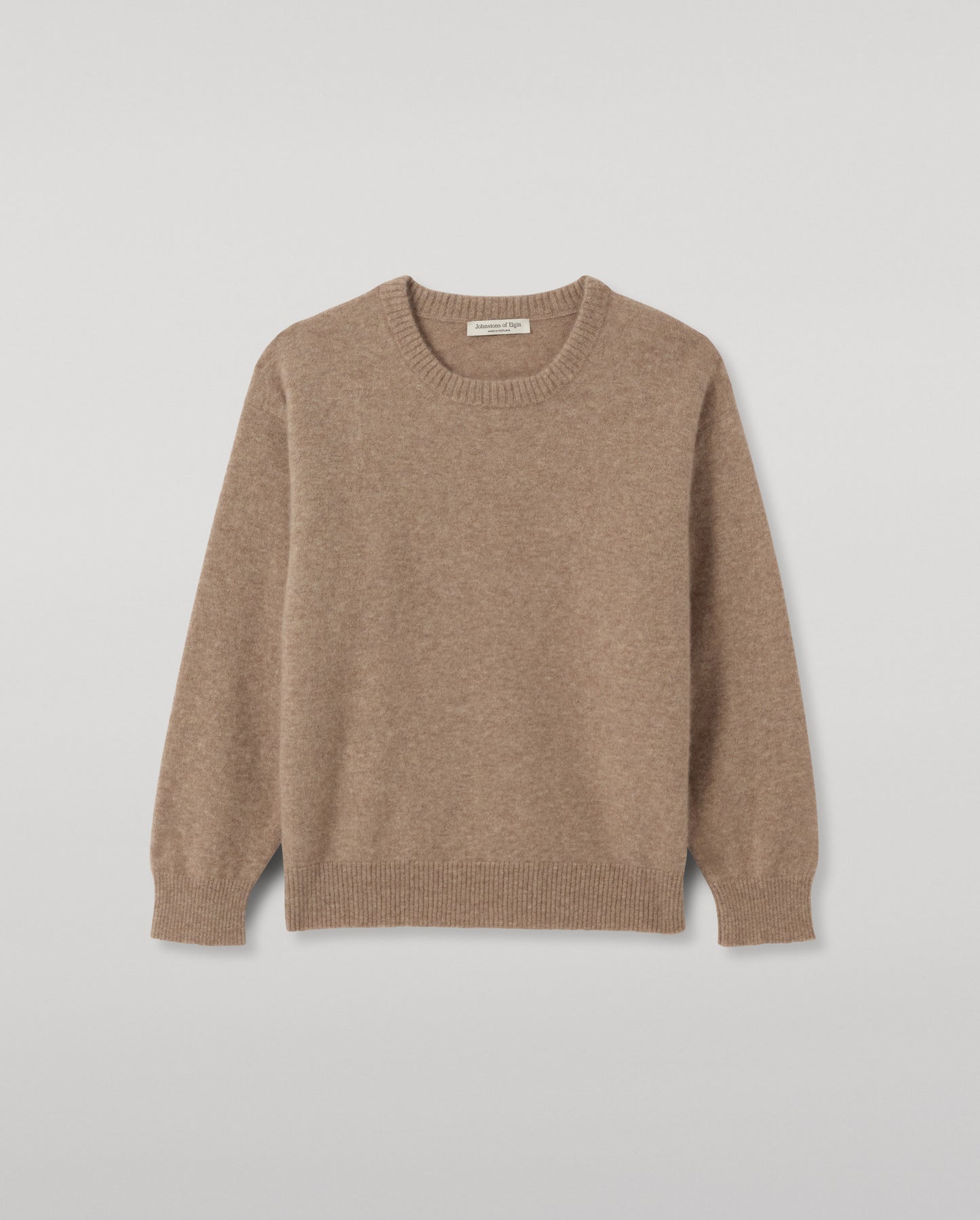 JOHNSTONS OF ELGIN BOYCE CREW SWEATER BRUSHED CASHMERE SILK ROUND NECK SWEATER BROWN 74% CASHMERE, 26% SILK KBP01127HB0293