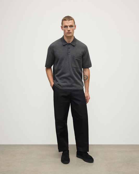 Johnstons of Elgin AW25 Men's Knitwear Charcoal Superfine Merino Relaxed Grey Polo Shirt KDA00771HA7204