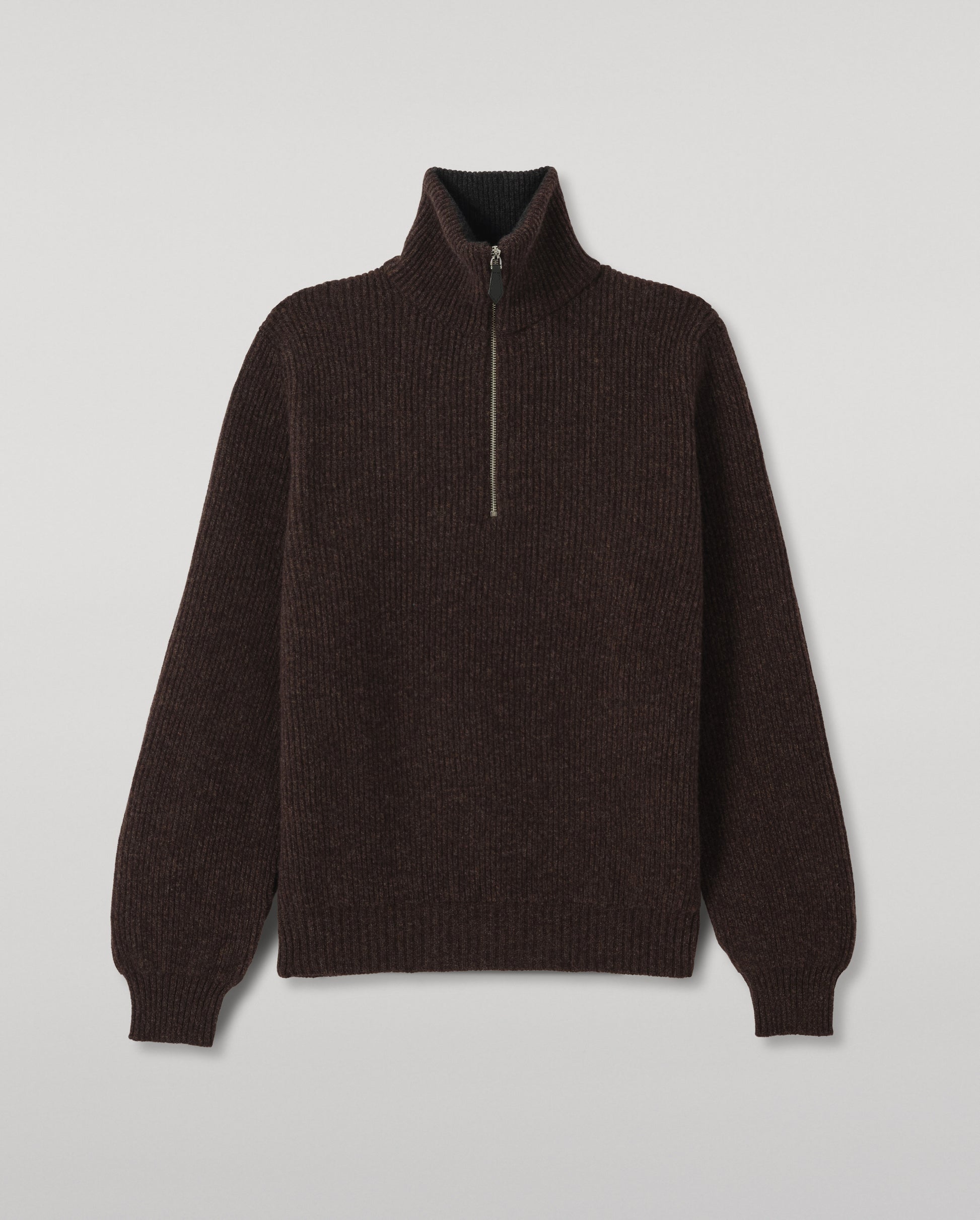 JOHNSTONS OF ELGIN CHALMERS HALF ZIP SWEATER LAMBSWOOL RIBBED HALF ZIP SWEATER BROWN & DARK GREY 100% LAMBSWOOL KDA00819Q26332