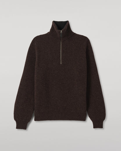 JOHNSTONS OF ELGIN CHALMERS HALF ZIP SWEATER LAMBSWOOL RIBBED HALF ZIP SWEATER BROWN & DARK GREY 100% LAMBSWOOL KDA00819Q26332