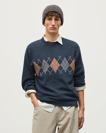 JOHNSTONS OF ELGIN RUSKY CREW SWEATER LAMBSWOOL ARGYLE CREW NECK SWEATER DARK GREY 100% LAMBSWOOL KDA00822JU1644