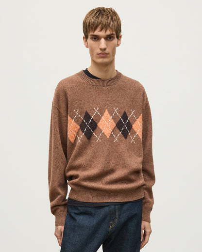 JOHNSTONS OF ELGIN RUSKY CREW SWEATER LAMBSWOOL ARGYLE CREW NECK SWEATER BROWN 100% LAMBSWOOL KDA00822JU1646