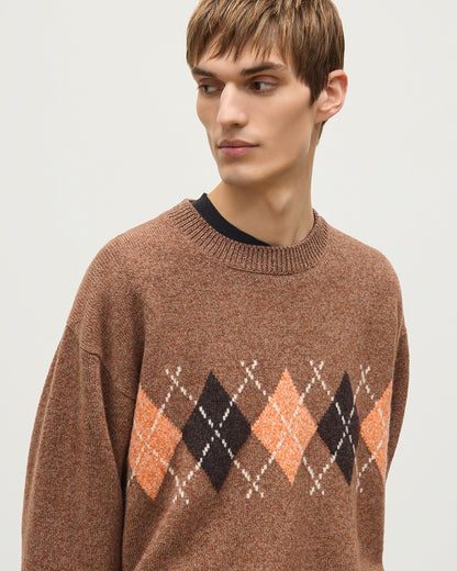 JOHNSTONS OF ELGIN RUSKY CREW SWEATER LAMBSWOOL ARGYLE CREW NECK SWEATER BROWN 100% LAMBSWOOL KDA00822JU1646