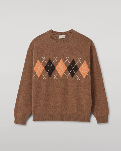 JOHNSTONS OF ELGIN RUSKY CREW SWEATER LAMBSWOOL ARGYLE CREW NECK SWEATER BROWN 100% LAMBSWOOL KDA00822JU1646