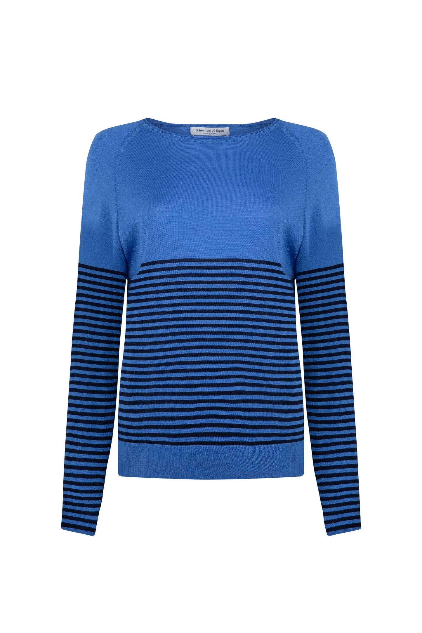 Johnstons of Elgin SS24 Women's Knitwear Orkney Blue & Dark Navy Superfine Merino Bateau Stripe Sweater KDI00710Q24267