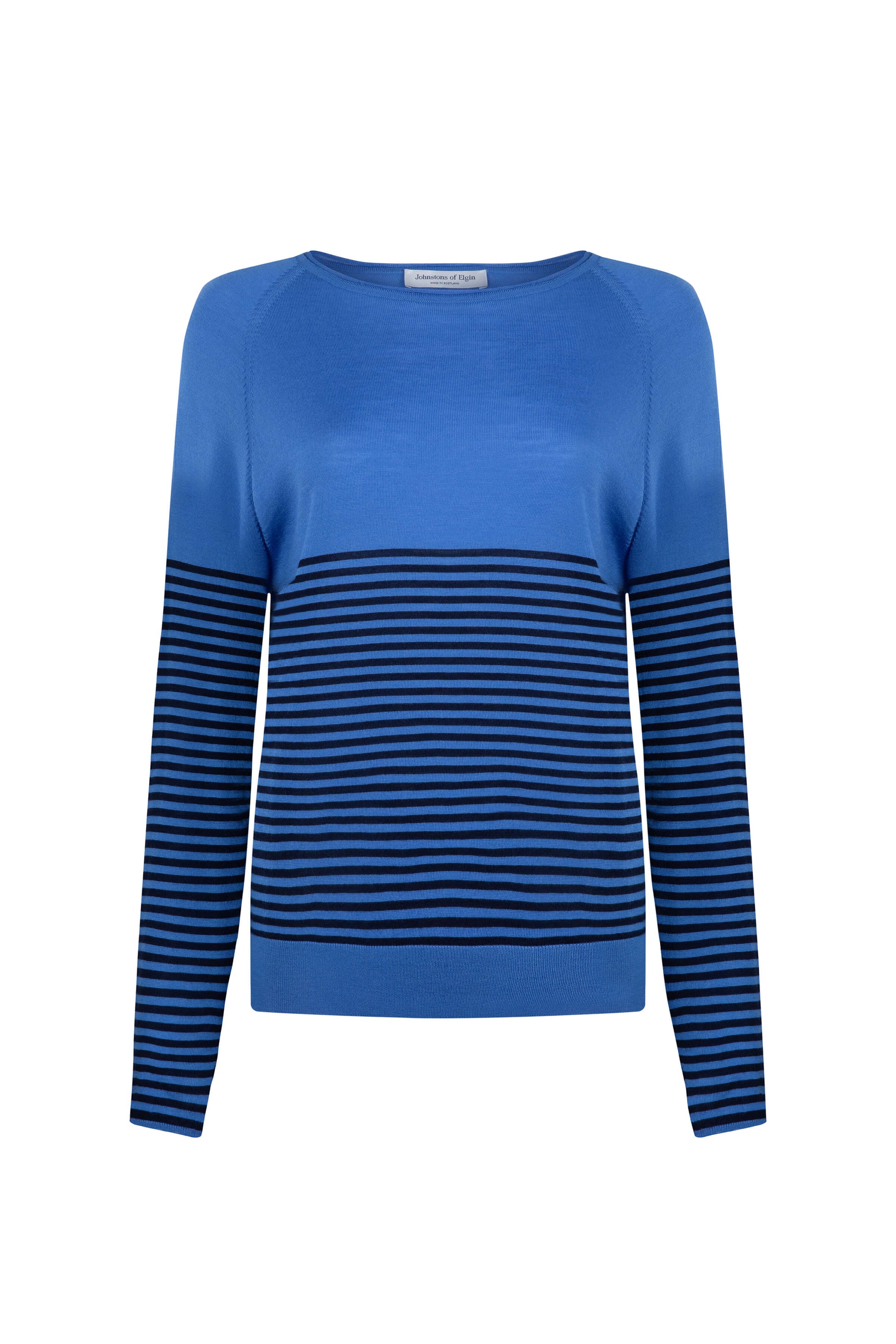 Johnstons of Elgin SS24 Women's Knitwear Orkney Blue & Dark Navy Superfine Merino Bateau Stripe Sweater KDI00710Q24267