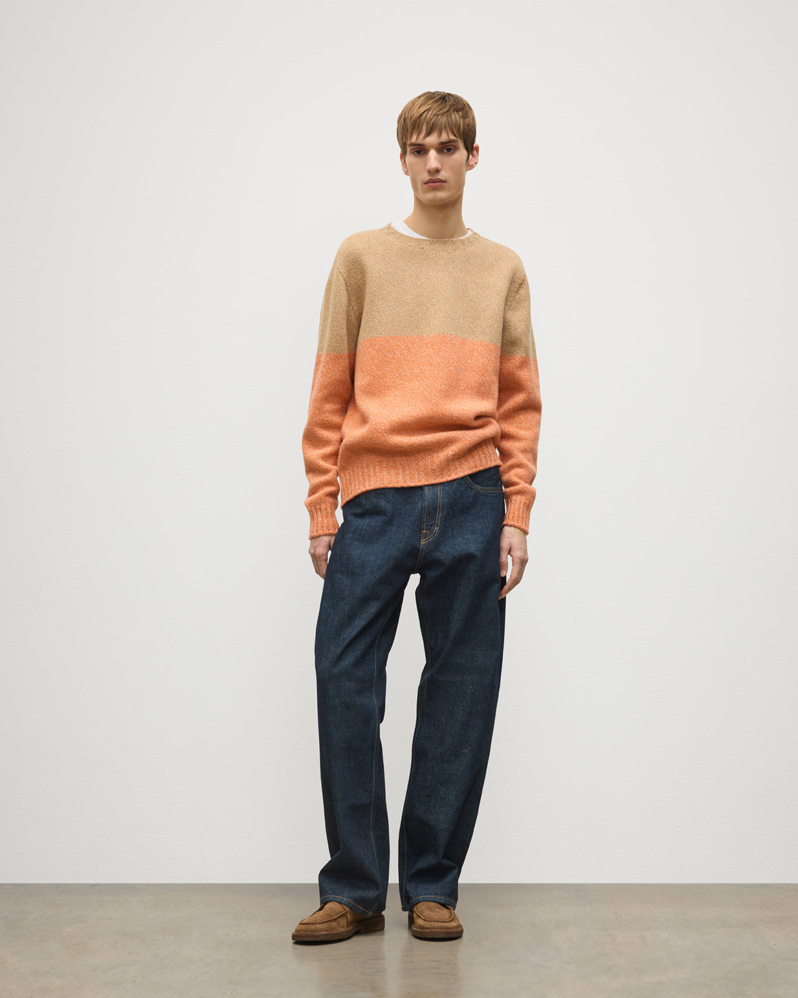 JOHNSTONS OF ELGIN OGILVIE CREW SWEATER LAMBSWOOL COLOURBLOCK CREW NECK SWEATER ORANGE & BROWN 100% LAMBSWOOL KDI00816Q26347