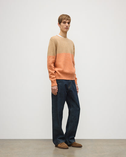 JOHNSTONS OF ELGIN OGILVIE CREW SWEATER LAMBSWOOL COLOURBLOCK CREW NECK SWEATER ORANGE & BROWN 100% LAMBSWOOL KDI00816Q26347