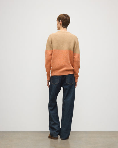 JOHNSTONS OF ELGIN OGILVIE CREW SWEATER LAMBSWOOL COLOURBLOCK CREW NECK SWEATER ORANGE & BROWN 100% LAMBSWOOL KDI00816Q26347