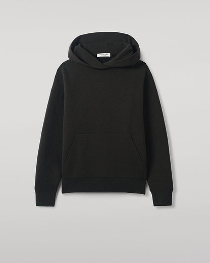 Johnstons of Elgin AW25 Women's Knitwear Iron & Black Double-Face Black Cashmere Hoodie close up  KBA01034Q25336