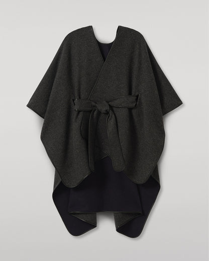 JOHNSTONS OF ELGIN WOMENS BELTED CAPE WITH LEATHER BINDING CHARCOAL & NAVY 90% WOOL, 10% CASHMERE TB000696RU7825ONE