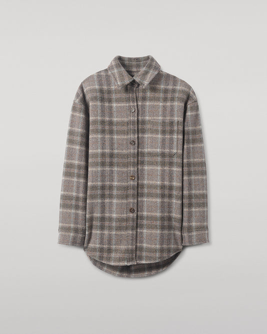 Model wears Johnstons of Elgin  Women's Tailoring Slate Tweed Check Slate Tweed Check Oversized Shirt Front View TB000754RU7676