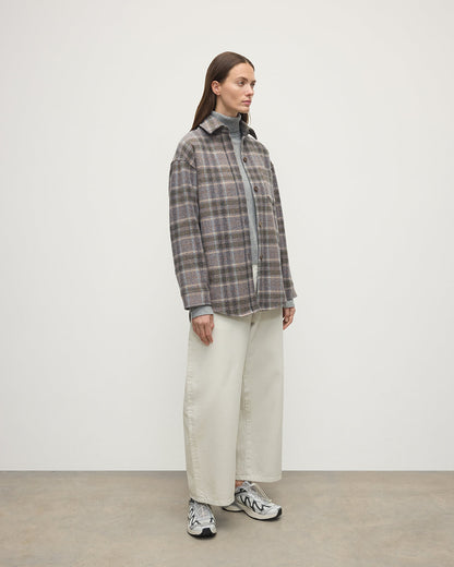 Model wears Johnstons of Elgin  Women's Tailoring Slate Tweed Check Slate Tweed Check Oversized Shirt Front View TB000754RU7676