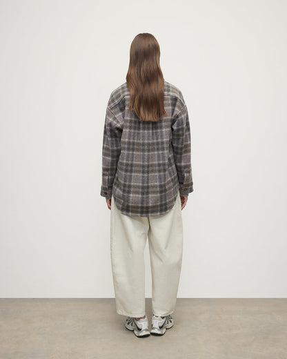 Model wears Johnstons of Elgin  Women's Tailoring Slate Tweed Check Slate Tweed Check Oversized Shirt Front View TB000754RU7676