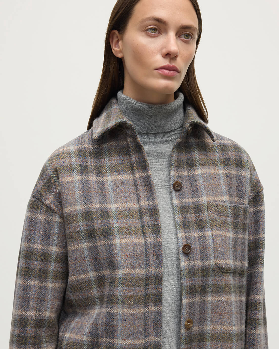 Model wears Johnstons of Elgin  Women's Tailoring Slate Tweed Check Slate Tweed Check Oversized Shirt Front View TB000754RU7676