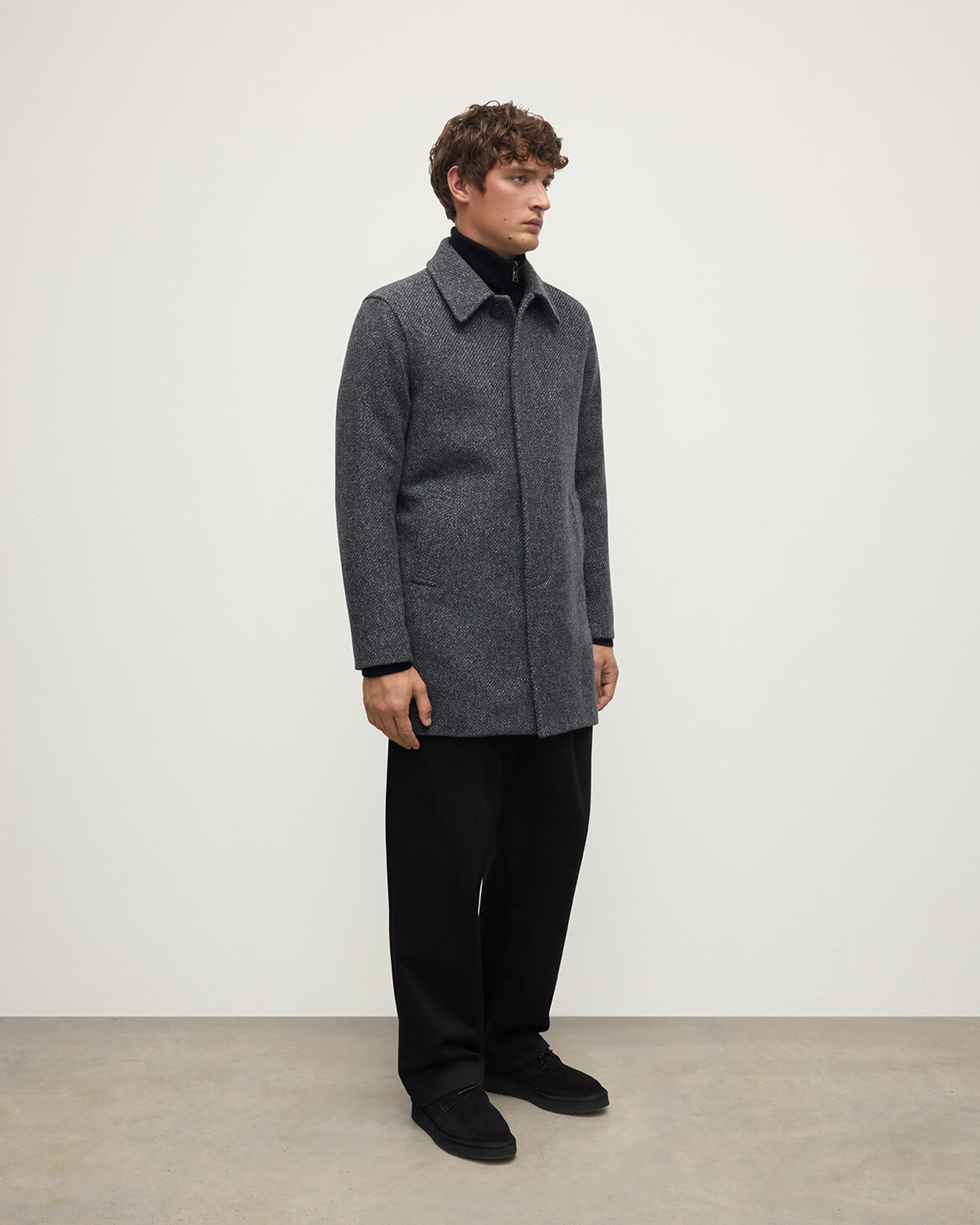 model wearing Johnstons of Elgin AW25 Men's Tailoring Grey Modern Twill Wool Grey Car Coat side TD000473RU7679