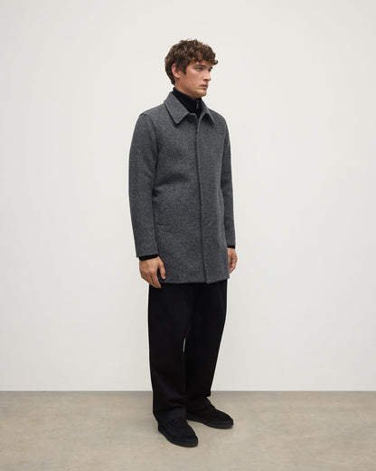 model wearing Johnstons of Elgin AW25 Men's Tailoring Grey Modern Twill Wool Grey Car Coat side TD000473RU7679