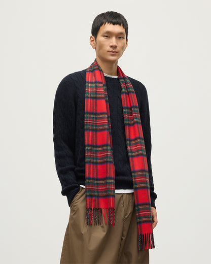 Male model wearing Johnstons of Elgin Tartan Cashmere Scarf in Royal Stewart on a white background WA000016KU0303N/A