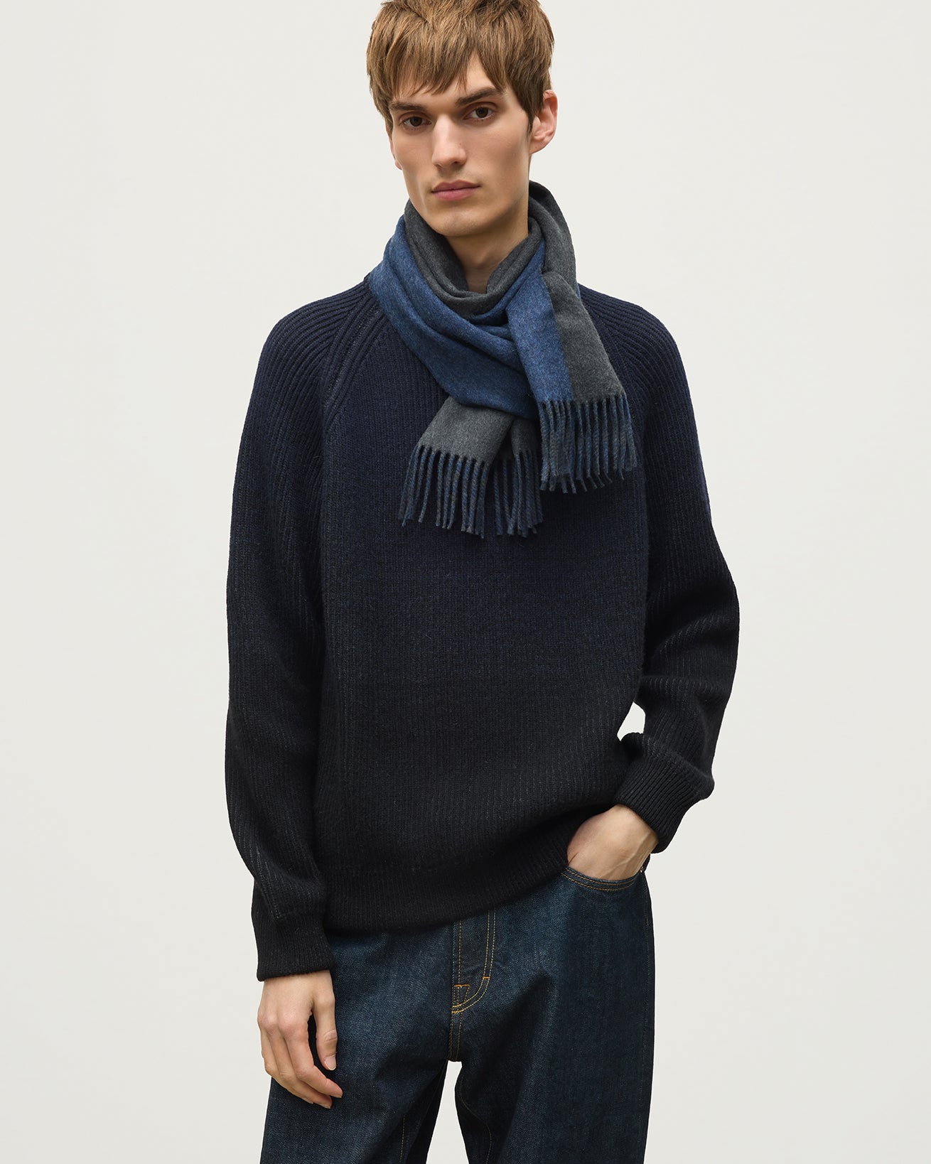 JOHNSTONS OF ELGIN CASHMERE CONTRAST REVERSIBLE SCARF GREY & BLUE 100% CASHMERE WA000020RU7792ONE