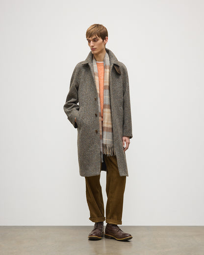 Model wears Johnstons of Elgin AW25 Woven Accessories Natural MacKellar Natural MacKellar Tartan Wide Cashmere Scarf WA000057KU0542ONE